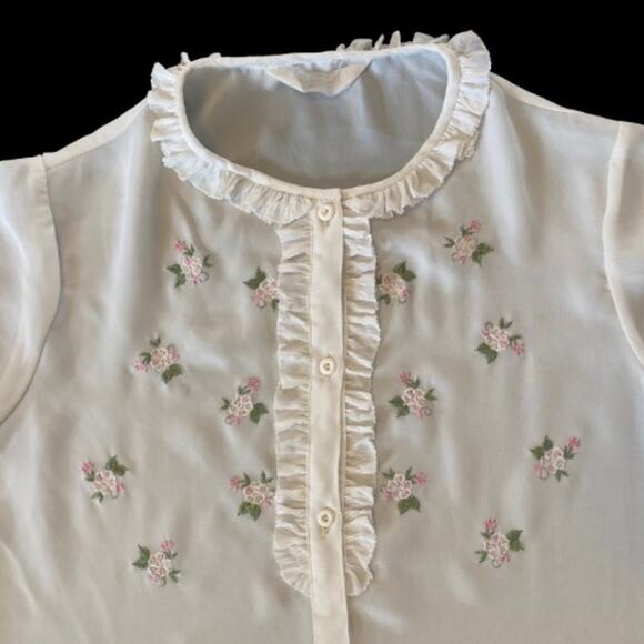 Vintage White Ruffled Embroidered Pink & Green Flowers Sheer Button Down (S) - Picture 3 of 10